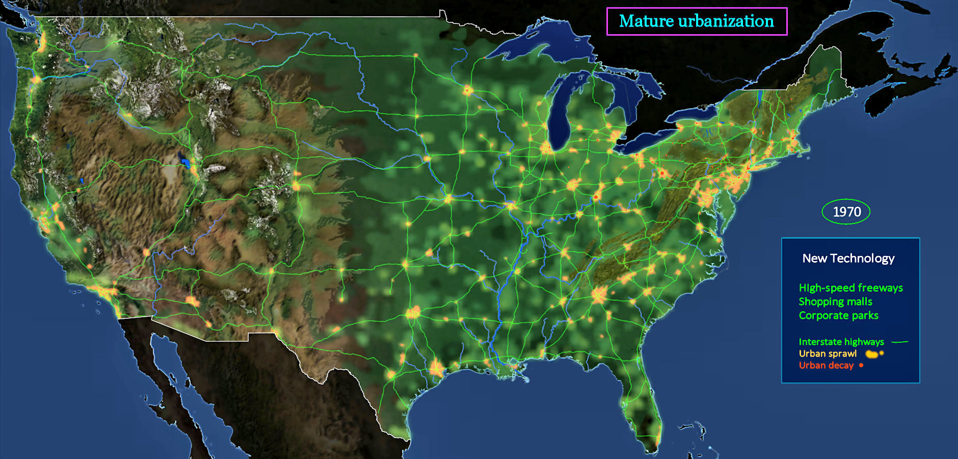 Interstates, urbanization, 1970 map